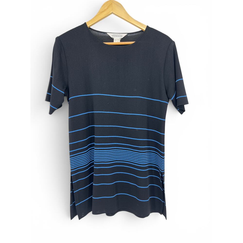 Misook Short Sleeve Knit Top Black with Blue Stripes Women's L Classic